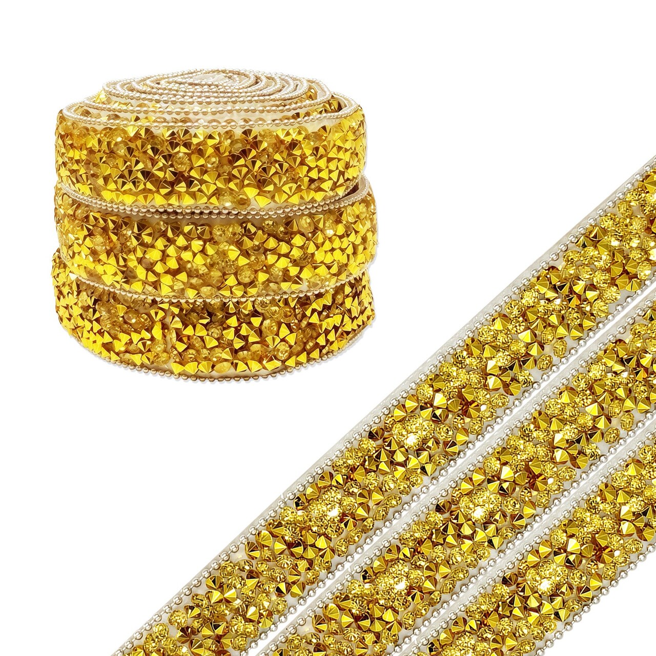 Wrapables 3 Yards Self Adhesive Resin Rhinestone Ribbons, Glittery Bling Tape Strips for DIY Crafts Wedding Party Decoration (3 Rolls), Gold